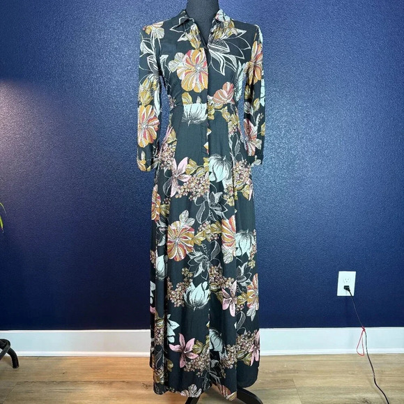Zara Floral Print Maxi Buttondown Shirt Dress, Black/Brown/Pink, Size XS - Picture 1 of 12